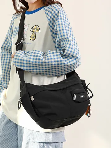 Women Fashion Nylon Dumpling Bag Large Capacity Waterproof Crossbody Shoulder Bag Sporty Casual Messenger Bag With Bear Pendant