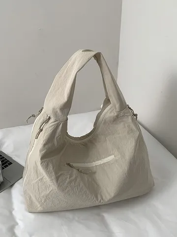 Women Large Capacity Nylon Tote Bag Japanese Minimalist Pleated Shoulder Bag Casual Commuting Underarm Bag Urban Lightweight Handbag