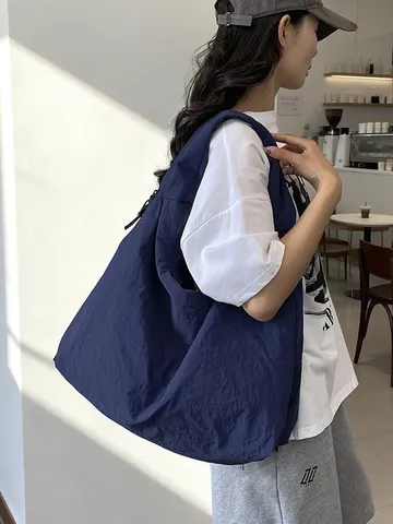 Women Large Capacity Nylon Tote Bag Japanese Minimalist Pleated Shoulder Bag Casual Commuting Underarm Bag Urban Lightweight Handbag