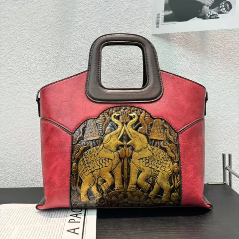 Vintage Ethnic Embossed Elephant Handbag For Women Large Capacity Yarn Tote Bag Handheld Shoulder Bag Casual Retro Purse