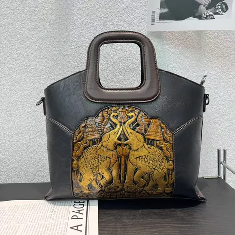 Vintage Ethnic Embossed Elephant Handbag For Women Large Capacity Yarn Tote Bag Handheld Shoulder Bag Casual Retro Purse