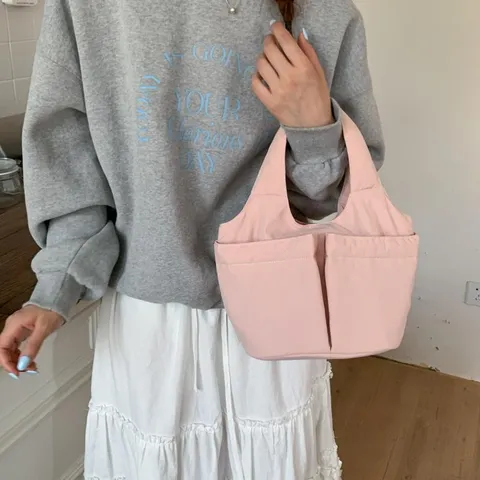 Women's Fashion Nylon Bucket Bag Lightweight Minimalist Commuter Handbag Versatile Small Tote Multi-pocket Vegetable Basket Handbag
