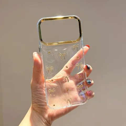 Coque De Téléphone En Silicone Transparent Avec Nœud Doré 3D Et Cadre De Caméra Galvanisé Housse De Protection Antichoc Pour iPhone