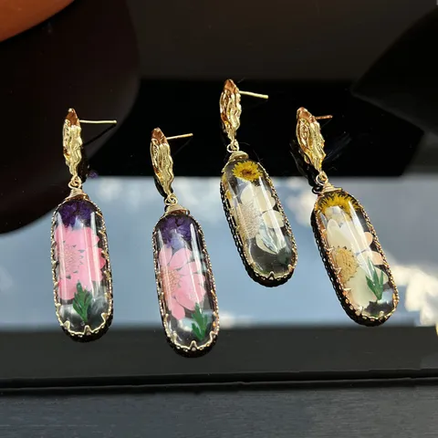 Retro Dried Flower Resin Long Dangle Earrings French Pastoral Copper Jewelry With 925 Silver Post For Women