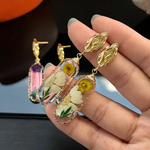 Retro Dried Flower Resin Long Dangle Earrings French Pastoral Copper Jewelry With 925 Silver Post For Women