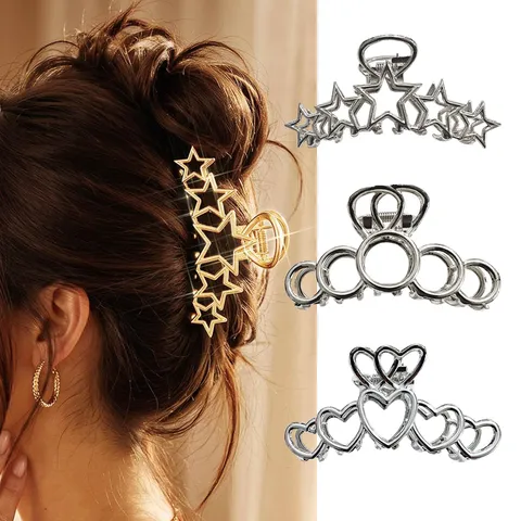 Alloy Geometric Hollow Hair Claw Clip Elegant Metallic Star Heart Circle Shark Clip Hair Accessories For Women Hair Styling