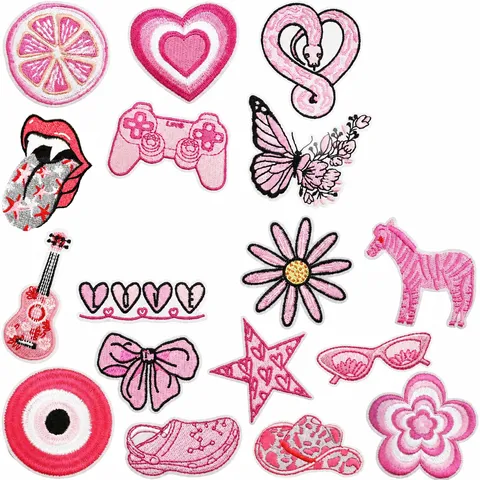Pink Embroidered Patches Iron On Applique Cute Cartoon Animal Plant Flower DIY Clothing Decor Badges