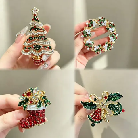 Broche de Aleación de Navidad de Lujo Diamantes de Imitación Perla Artificial Árbol de Navidad Guirnalda Campanas Bota Joyería para Mujer Fiesta