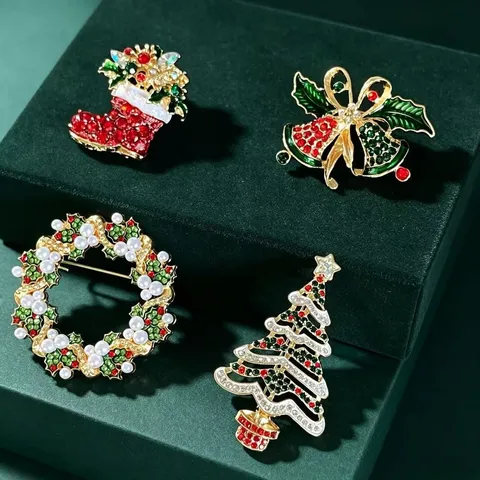 Broche de Aleación de Navidad de Lujo Diamantes de Imitación Perla Artificial Árbol de Navidad Guirnalda Campanas Bota Joyería para Mujer Fiesta
