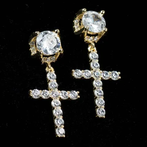 Pendientes de Botón Cruz de Cobre Circonia Hip Hop para Hombre Mujer Pendientes Colgantes Cruz Joyería de Moda