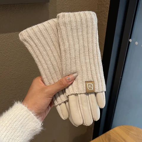 Damen Winter Strick Spleißen Leder Handschuhe Warm Verdickt Touchscreen Winddicht Outdoor Radfahren Fahren Fünf-Finger Handschuhe Mode Accessoires