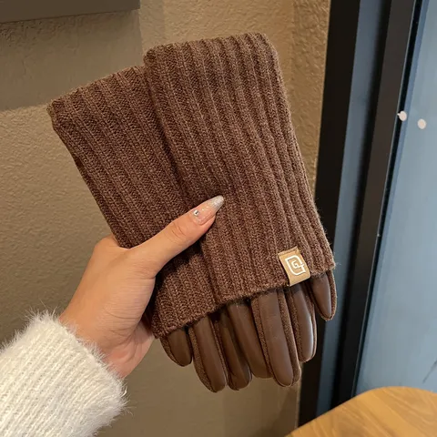Damen Winter Strick Spleißen Leder Handschuhe Warm Verdickt Touchscreen Winddicht Outdoor Radfahren Fahren Fünf-Finger Handschuhe Mode Accessoires
