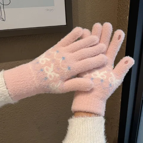 Damen Winter Strickhandschuhe Schleife Jacquard Warm Verdickt Fleece Gefüttert Touchscreen Fäustlinge Für Outdoor Reiten Studenten