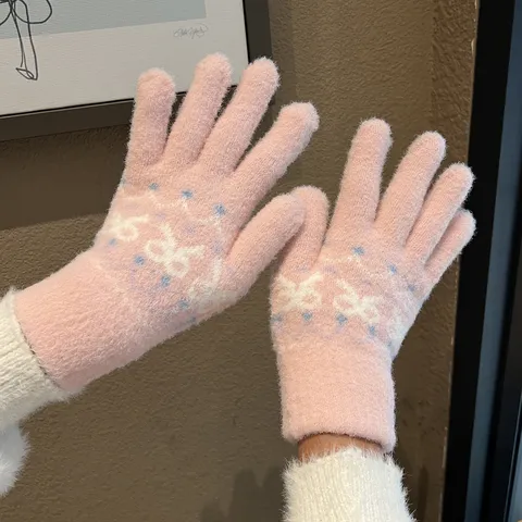 Damen Winter Strickhandschuhe Schleife Jacquard Warm Verdickt Fleece Gefüttert Touchscreen Fäustlinge Für Outdoor Reiten Studenten