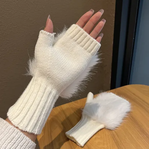 Damen Halbfinger Strickhandschuhe Herbst Winter Dick Warm Kunstpelz Dekoration Häkeln Fingerlose Fäustlinge Für Büro Schreiben Kaltes Wetter
