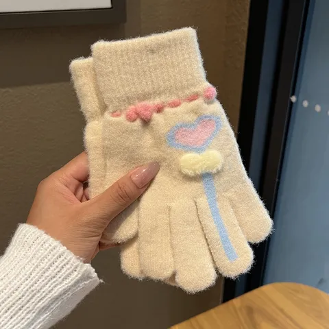 Süße Herz Jacquard Strickhandschuhe Winter Warm Kristallsamt Verdickte Vollfingerhandschuhe Für Ältere Kinder Mädchen Studenten
