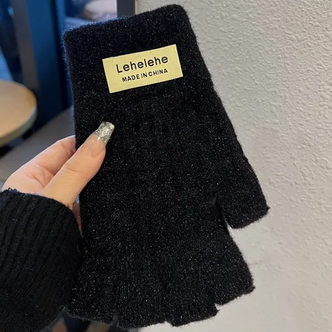 Damen Winter Warm Fingerlose Handschuhe Jacquard Strick Halb Finger Fäustlinge Einfarbig Glitzer Schreiben Tippen Handschuhe Für Studenten Büro