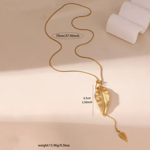 Minimalist Stainless Steel 18K Gold Plated Leaf Pendant Necklace For Women European Snake Chain Double Leaf Long Necklace Jewelry