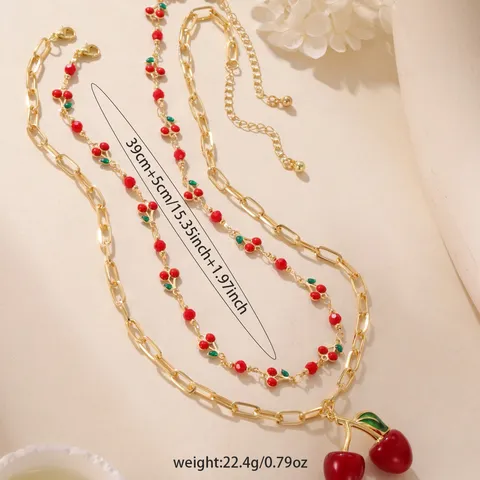 Pastoral Fruit Cherry Pendant Layered Necklace For Women 18K Gold Plated Stainless Steel Enamel Jewelry Sweet Accessory