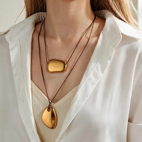 Women Long Sweater Chain Necklace Gold Plated Stainless Steel Irregular Oval Bean Pendant Double Layer Fashion Jewelry Accessories Gift