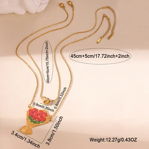 18K Gold Plated Stainless Steel Layered Necklace For Women Heart Pendant Red Rose Bouquet Charm Double Chain Valentine Gift