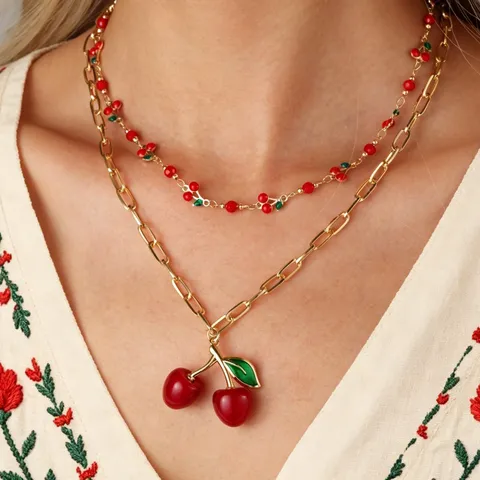 Pastoral Fruit Cherry Pendant Layered Necklace For Women 18K Gold Plated Stainless Steel Enamel Jewelry Sweet Accessory
