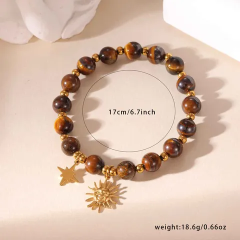 Retro 304 Stainless Steel Gold Plated Tiger Eye Beaded Bracelet For Women Sun Star Pendant Hand Chain Light Luxury Jewelry