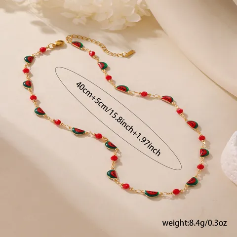 Fresh Sweet Style Watermelon Pendant Necklace For Women 18K Gold Plated Stainless Steel Beaded Enamel Fruit Jewelry Gift