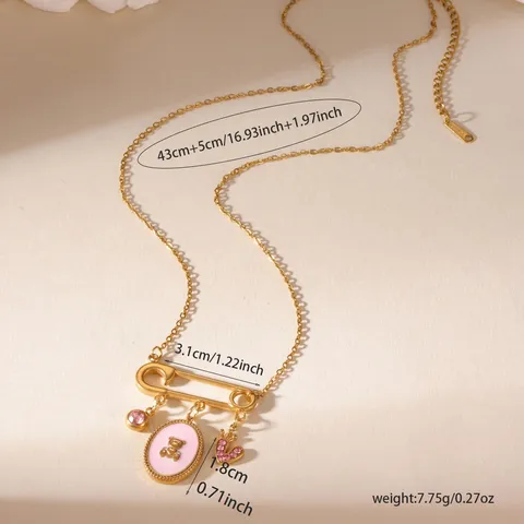 Stainless Steel 18K Gold Plated Safety Pin Bear Necklace With Pink Rhinestone Heart Crown Pendant Sweet Luxury Women Jewelry