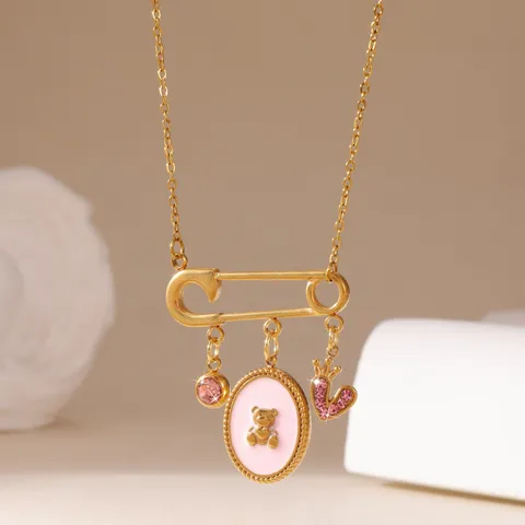 Stainless Steel 18K Gold Plated Safety Pin Bear Necklace With Pink Rhinestone Heart Crown Pendant Sweet Luxury Women Jewelry