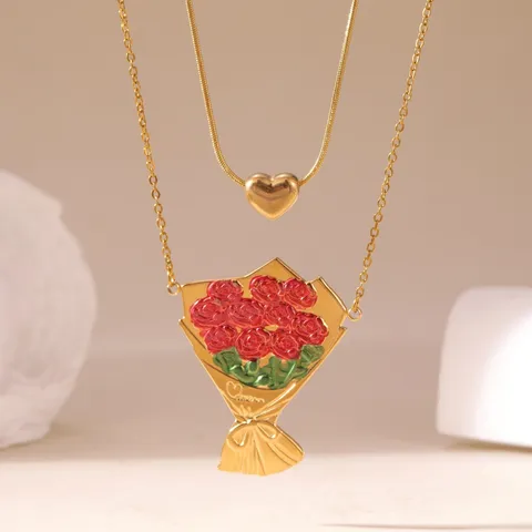 18K Gold Plated Stainless Steel Layered Necklace For Women Heart Pendant Red Rose Bouquet Charm Double Chain Valentine Gift