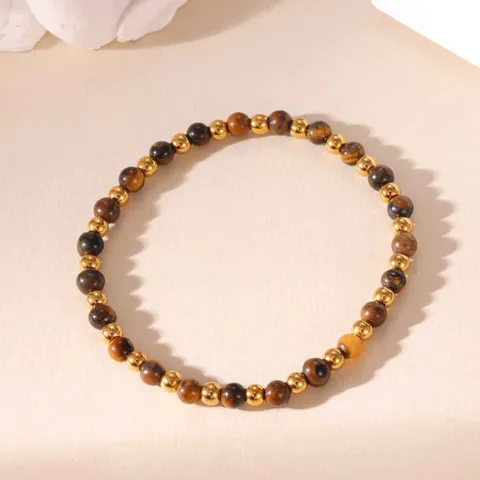 Retro 304 Stainless Steel Gold Plated Tiger Eye Beaded Bracelet For Women Sun Star Pendant Hand Chain Light Luxury Jewelry