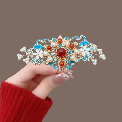 Vintage Chinese Style Enamel Flower Hair Stick U-Shaped Alloy Artificial Pearl Hair Pin For Women Hanfu Hair Accessories