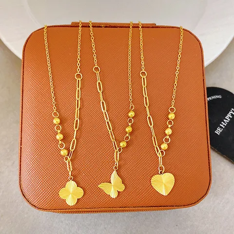 Fashion Titanium Steel Gold Plated Pendant Necklace For Women Laser Texture Clover Butterfly Heart Asymmetric Stitching Chain Jewelry