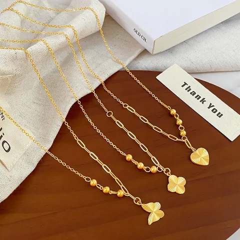 Fashion Titanium Steel Gold Plated Pendant Necklace For Women Laser Texture Clover Butterfly Heart Asymmetric Stitching Chain Jewelry