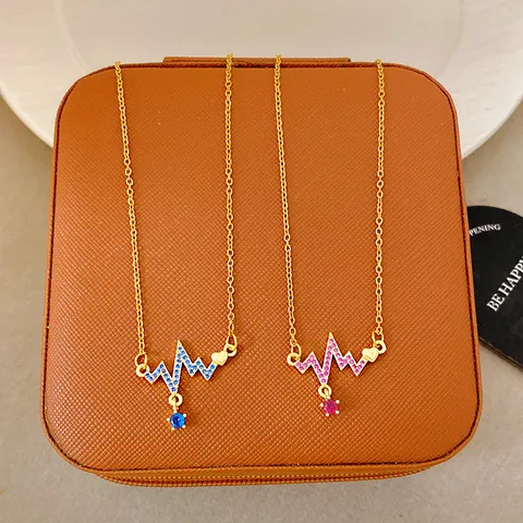 Luxury Gold Plated Copper EKG Heartbeat Pendant Necklace Micro Pave Rhinestone Heart Charm Fashion Jewelry For Women Gift