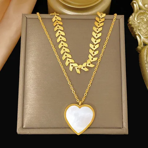 Women Titanium Steel Gold Plated Double Layer Heart Necklace with White Mother of Pearl Pendant Elegant Fashion Jewelry