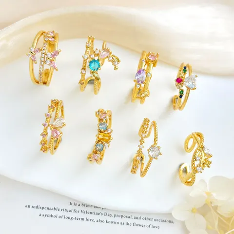 Niche Design Micro Inset Zircon Colorful Flower Open Ring Gold Plated Copper Adjustable Fashion Jewelry Finger Ring
