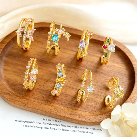 Niche Design Micro Inset Zircon Colorful Flower Open Ring Gold Plated Copper Adjustable Fashion Jewelry Finger Ring