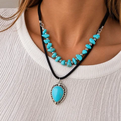 Southwest Tribal Style Faux Turquoise Water Drop Pendant Necklace For Women Vintage Double Layer Bohemian Alloy Leather Cord Necklace Jewelry