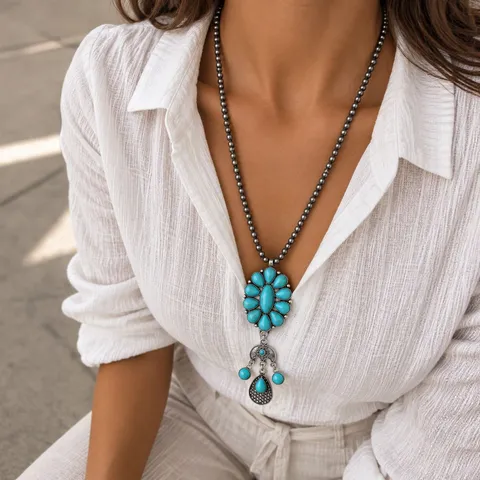 Vintage Western Cowboy Artificial Turquoise Pendant Necklace Ethnic Style Long Zinc Alloy Tassel Bead Chain Necklace For Women