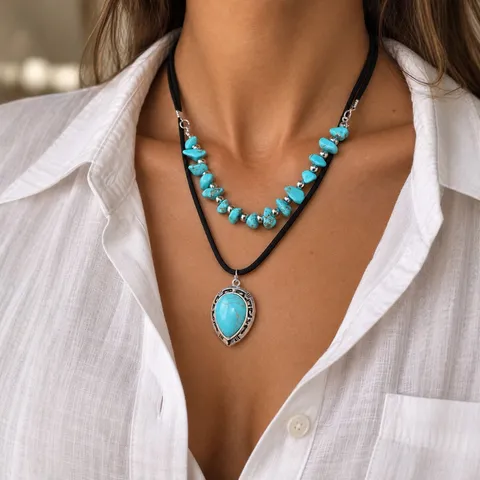 Southwest Tribal Style Faux Turquoise Water Drop Pendant Necklace For Women Vintage Double Layer Bohemian Alloy Leather Cord Necklace Jewelry