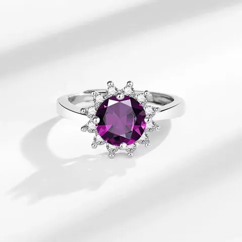 Anello a Forma di Girasole con Zirconia Rosso Sangue di Piccione e Viola Moda Europea Americana per Donna Lega Micro-intarsiato Gioielli