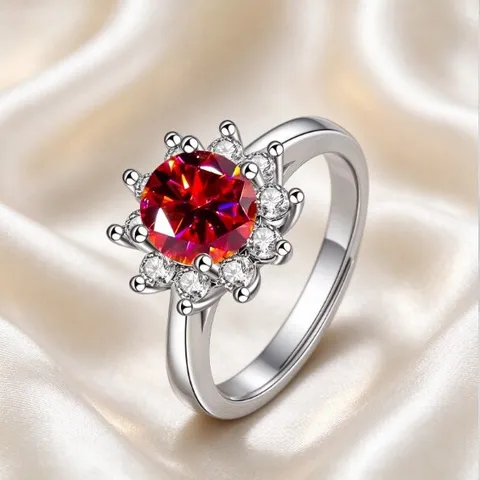 Anello a Forma di Girasole con Zirconia Rosso Sangue di Piccione e Viola Moda Europea Americana per Donna Lega Micro-intarsiato Gioielli