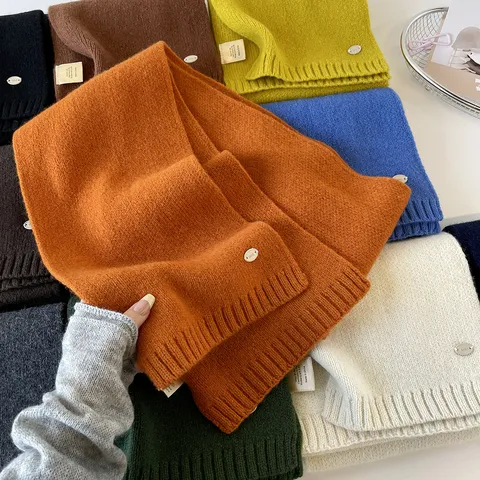 Bufanda de Punto de Color Sólido para Mujer Mezcla de Lana Seda Cachemir Calentador de Cuello Grueso Invierno Cálido Pashmina Mujer