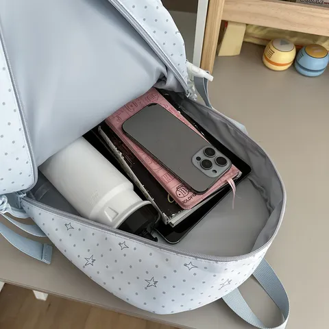Sac à Dos Scolaire pour Femme Étudiante Imprimé Pois Étoiles Grande Capacité Nylon Imperméable Avec Pendentif Étoile