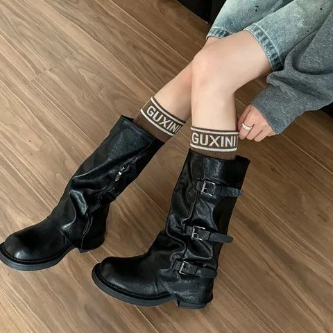 Calcetines a Media Pierna para Mujer Estilo Académico Algodón Estampado de Letras Calcetines Largos Slouchy para Otoño Invierno