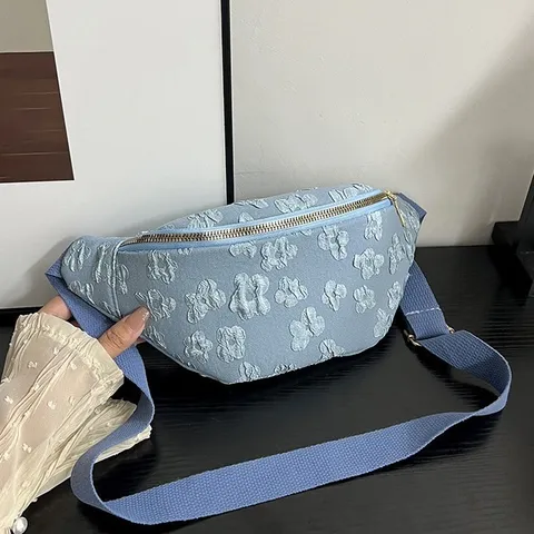 Casual Minimalist Canvas Crossbody Chest Bag For Women Floral Embossed Zipper Shoulder Fanny Pack Daily Handbag