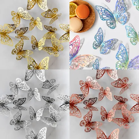 Pegatinas de Pared de Mariposa Hueca Dimensional Oro Plata Calcomanías Coloridas Decoración de Pared de Fondo Creativo Arte