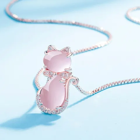 Korean Style Copper Rose Gold Platinum Plated Pink Crystal Cat Pendant Necklace Cute Animal Jewelry Gift For Women